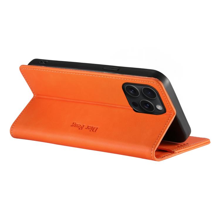 For iPhone 15 Pro Dierfeng Metal Snap Magnetic RFID Vegan Leather Phone Case