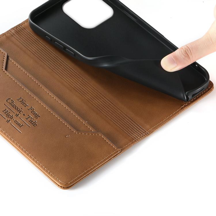 For iPhone 15 Pro Dierfeng Metal Snap Magnetic RFID Vegan Leather Phone Case
