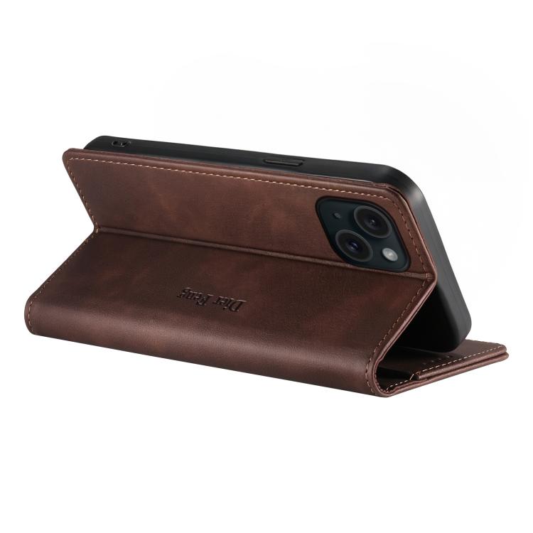 For iPhone 15 Plus Dierfeng Metal Snap Magnetic RFID Vegan Leather Phone Case