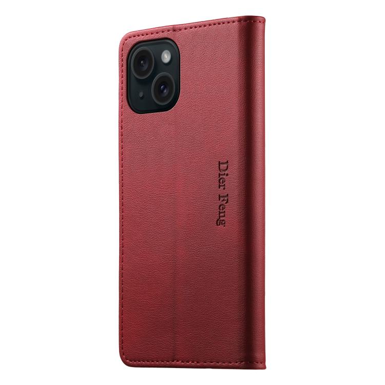 For iPhone 15 Plus Dierfeng Metal Snap Magnetic RFID Vegan Leather Phone Case