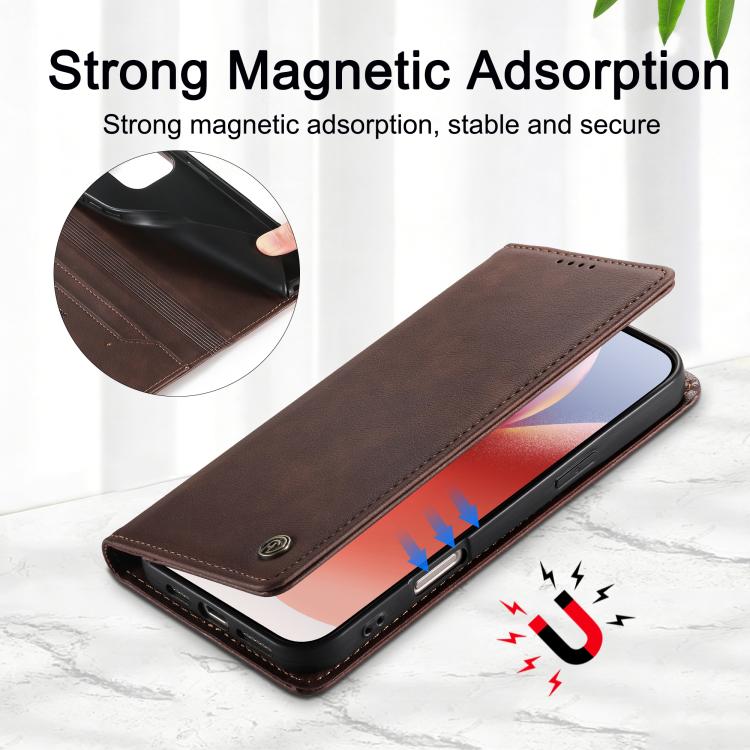 For iPhone 15 Dierfeng Metal Snap Magnetic RFID Vegan Leather Phone Case