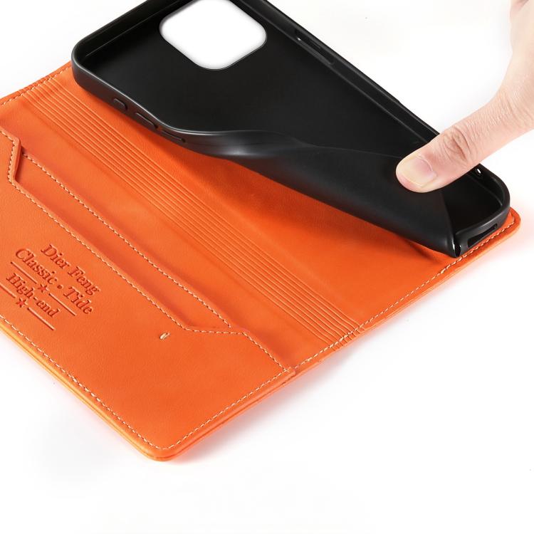 For iPhone 15 Dierfeng Metal Snap Magnetic RFID Vegan Leather Phone Case