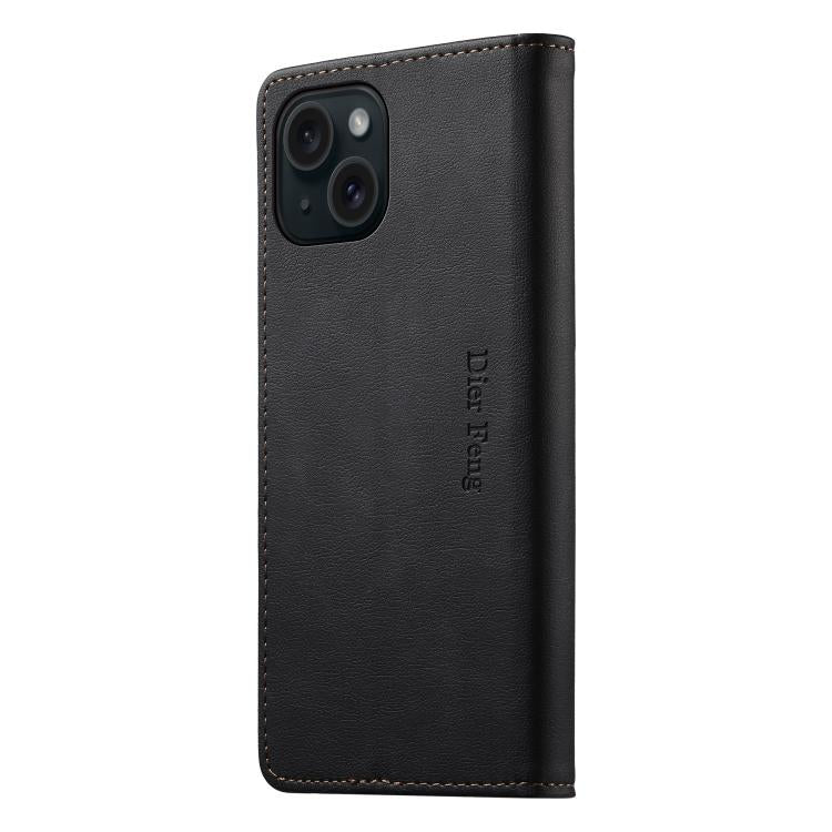 For iPhone 14 Plus Dierfeng Metal Snap Magnetic RFID Vegan Leather Phone Case