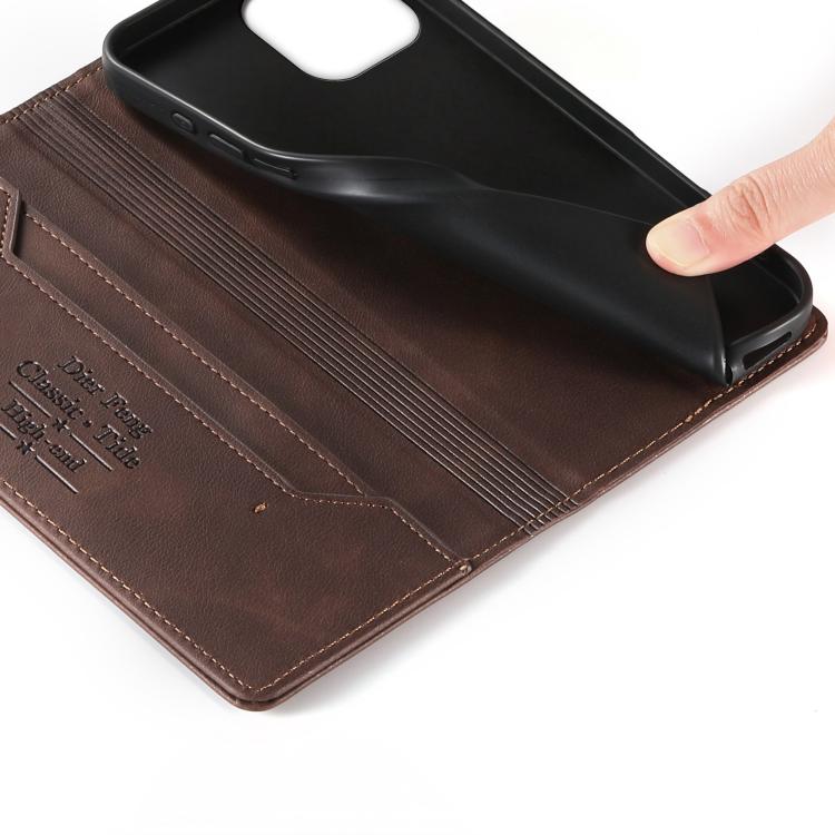 For iPhone 14 Plus Dierfeng Metal Snap Magnetic RFID Vegan Leather Phone Case