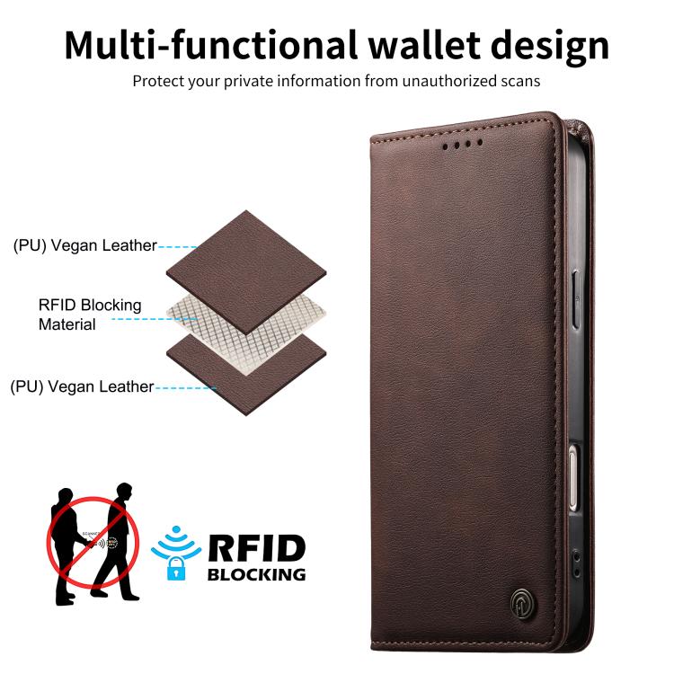 For iPhone 14 Plus Dierfeng Metal Snap Magnetic RFID Vegan Leather Phone Case