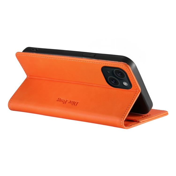 For iPhone 14 Plus Dierfeng Metal Snap Magnetic RFID Vegan Leather Phone Case