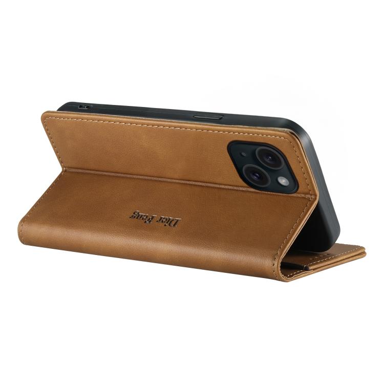 For iPhone 14 Plus Dierfeng Metal Snap Magnetic RFID Vegan Leather Phone Case