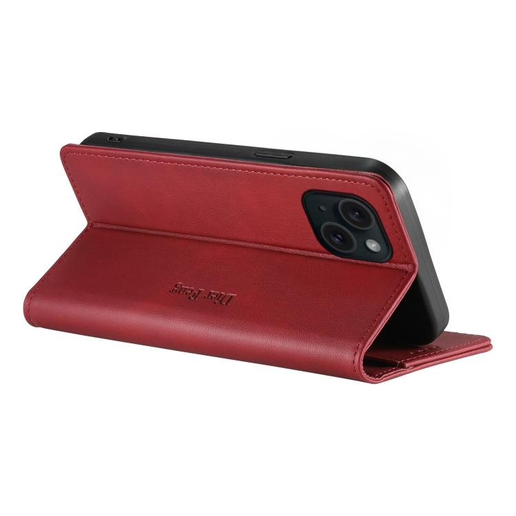 For iPhone 14 Plus Dierfeng Metal Snap Magnetic RFID Vegan Leather Phone Case