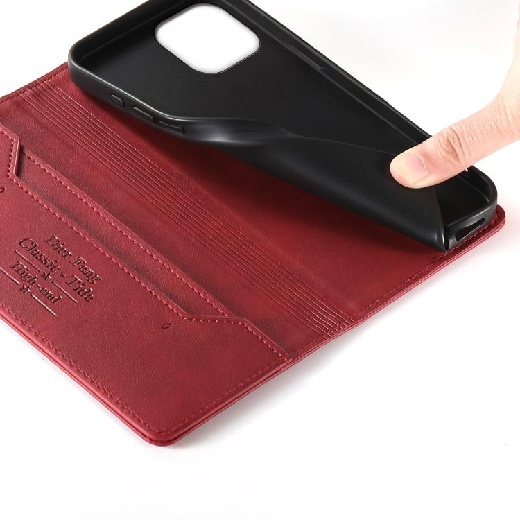 For iPhone 14 Plus Dierfeng Metal Snap Magnetic RFID Vegan Leather Phone Case