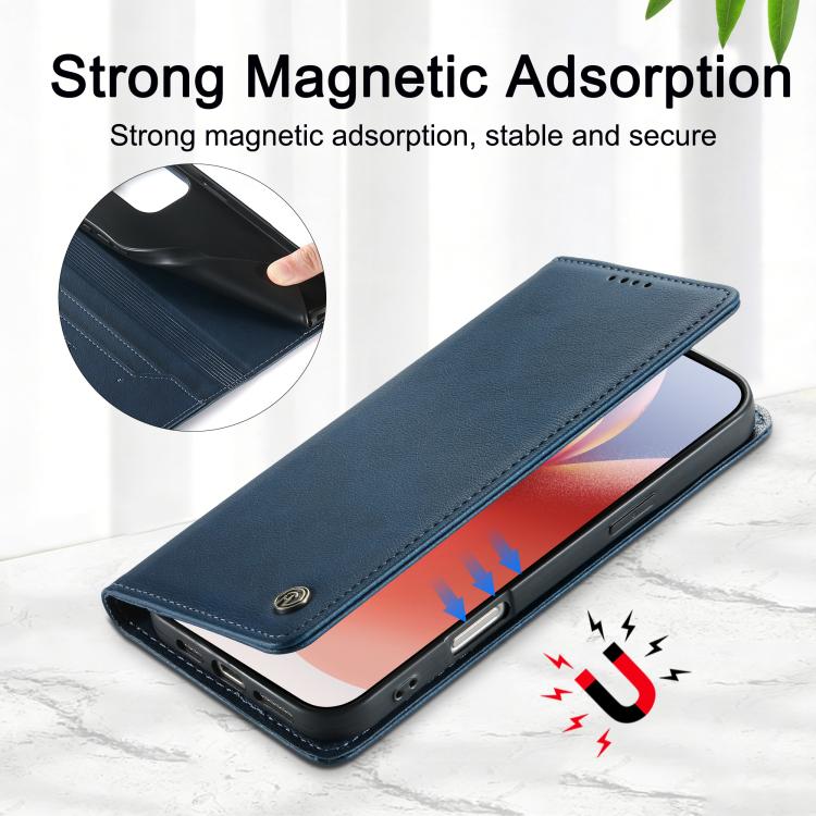 For iPhone 14 Plus Dierfeng Metal Snap Magnetic RFID Vegan Leather Phone Case