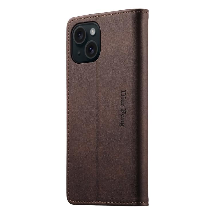 For iPhone 14 / 13 Dierfeng Metal Snap Magnetic RFID Vegan Leather Phone Case