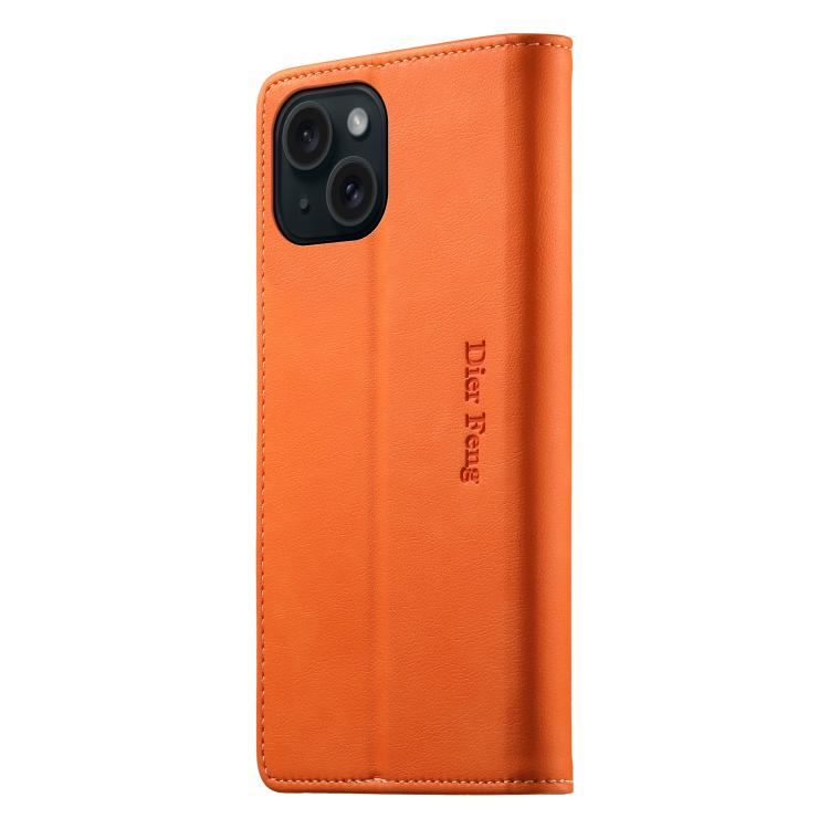 For iPhone 14 / 13 Dierfeng Metal Snap Magnetic RFID Vegan Leather Phone Case