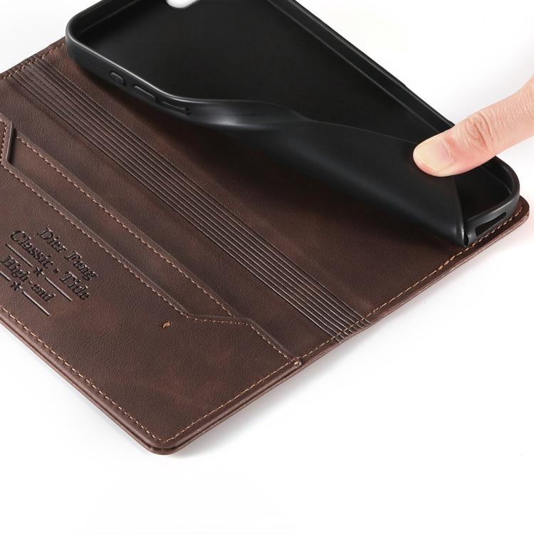 For iPhone SE 2022 / SE 2020 / 7 / 8 Dierfeng Metal Snap Magnetic RFID Vegan Leather Phone Case