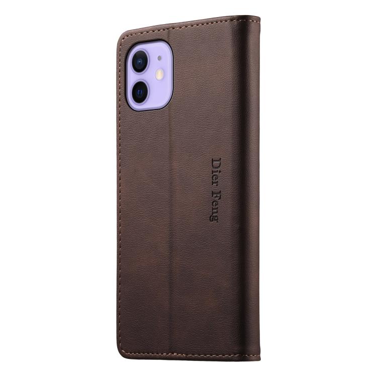 For iPhone 12 mini Dierfeng Metal Snap Magnetic RFID Vegan Leather Phone Case