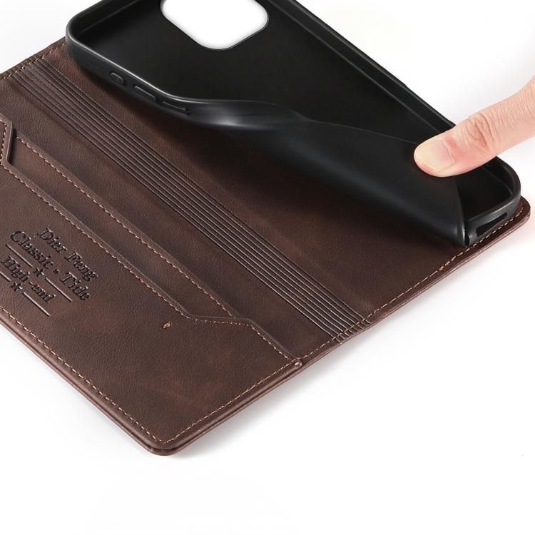 For iPhone 12 mini Dierfeng Metal Snap Magnetic RFID Vegan Leather Phone Case