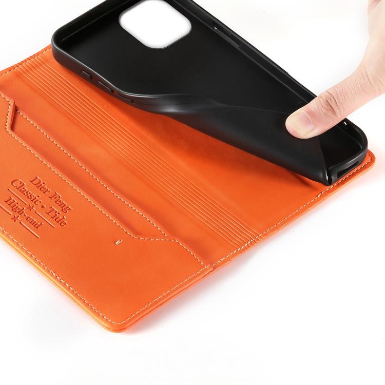 For iPhone 12 mini Dierfeng Metal Snap Magnetic RFID Vegan Leather Phone Case