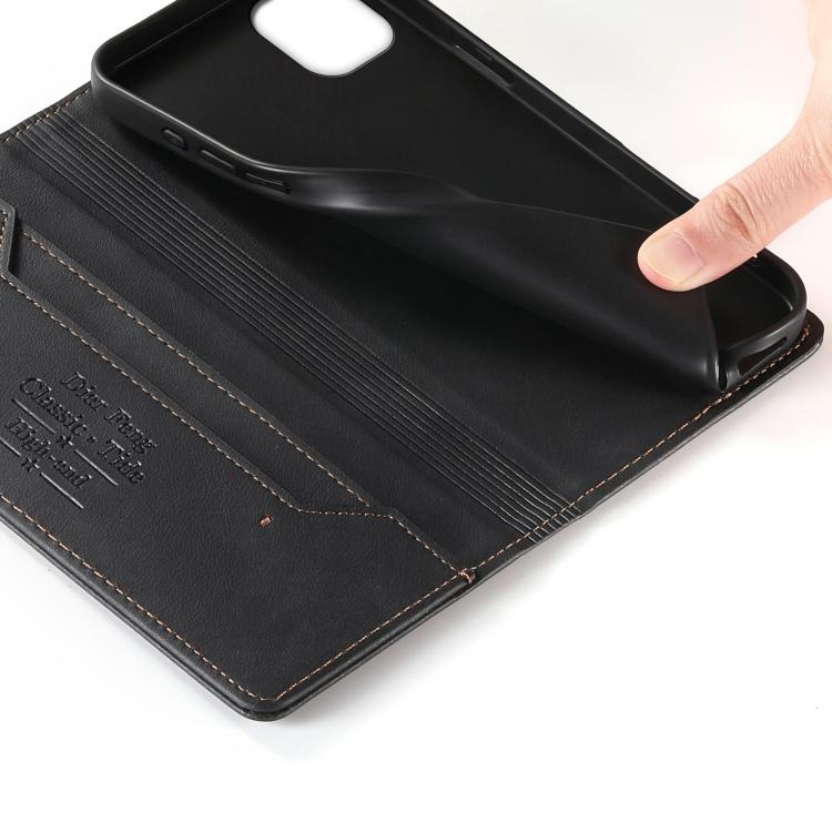 For iPhone 11 Dierfeng Metal Snap Magnetic RFID Vegan Leather Phone Case