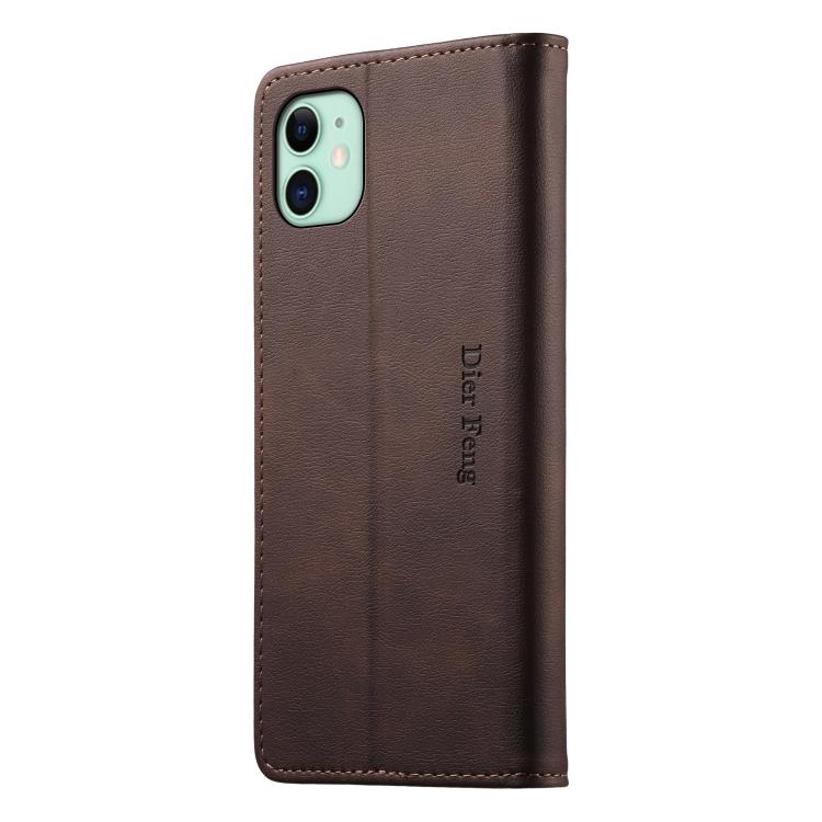 For iPhone 11 Dierfeng Metal Snap Magnetic RFID Vegan Leather Phone Case