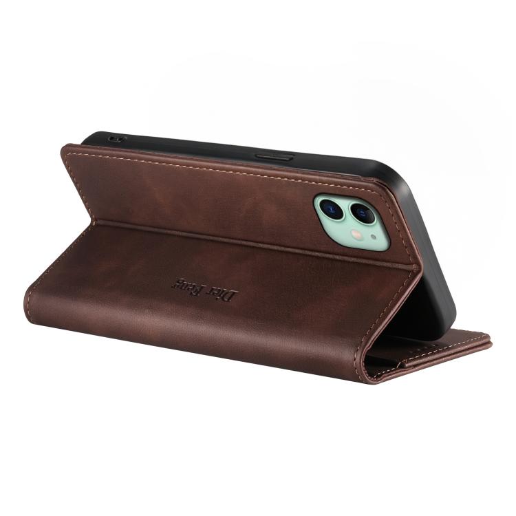 For iPhone 11 Dierfeng Metal Snap Magnetic RFID Vegan Leather Phone Case