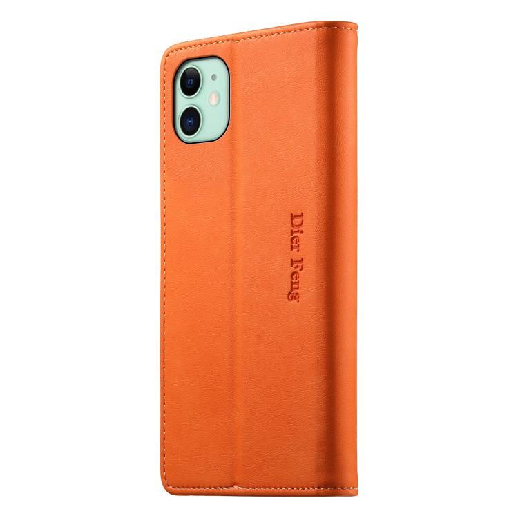 For iPhone 11 Dierfeng Metal Snap Magnetic RFID Vegan Leather Phone Case