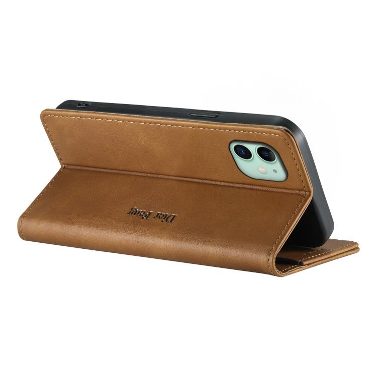 For iPhone 11 Dierfeng Metal Snap Magnetic RFID Vegan Leather Phone Case