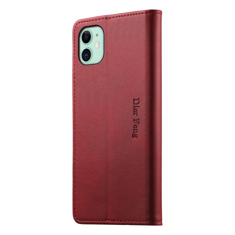 For iPhone 11 Dierfeng Metal Snap Magnetic RFID Vegan Leather Phone Case