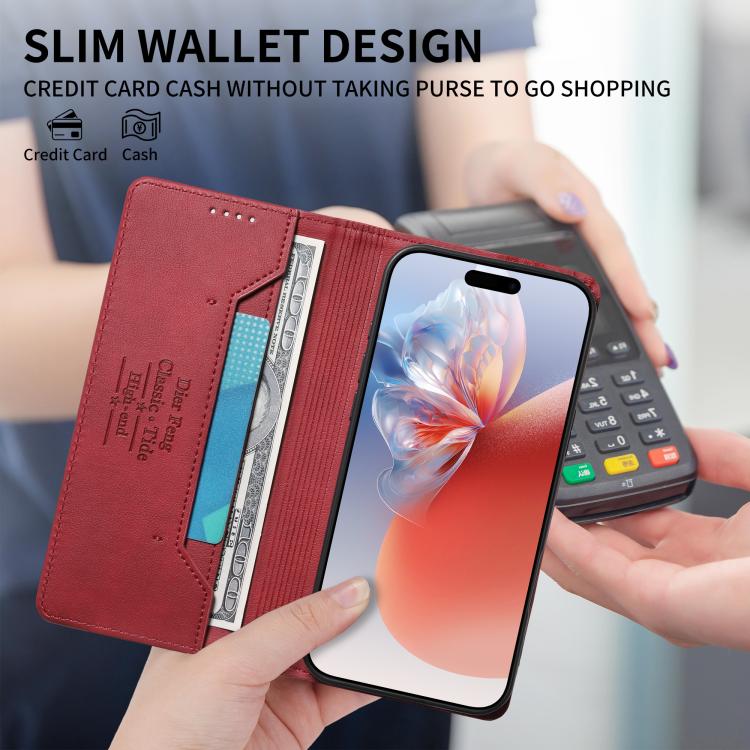 For iPhone 11 Pro Dierfeng Metal Snap Magnetic RFID Vegan Leather Phone Case