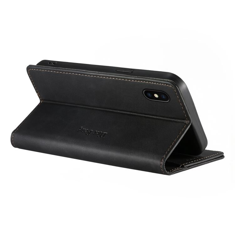 For iPhone XS Max Dierfeng Metal Snap Magnetic RFID Vegan Leather Phone Case