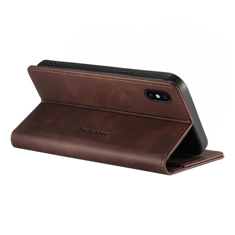 For iPhone XS Max Dierfeng Metal Snap Magnetic RFID Vegan Leather Phone Case