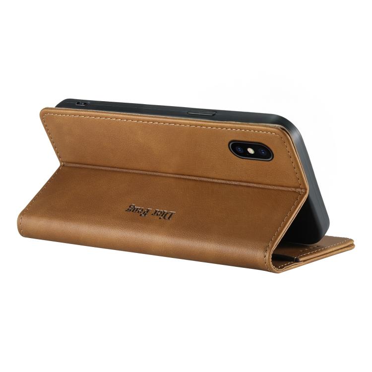 For iPhone XS Max Dierfeng Metal Snap Magnetic RFID Vegan Leather Phone Case