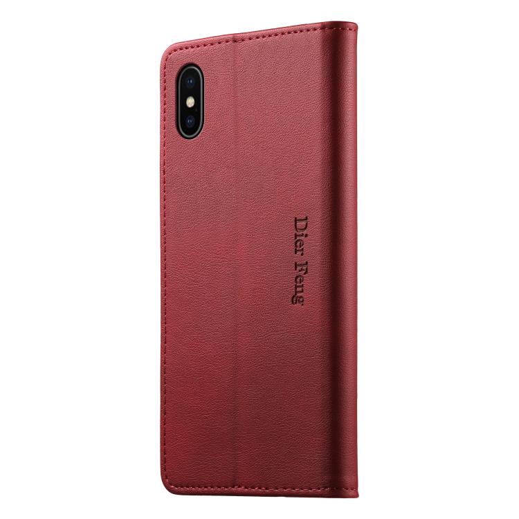 For iPhone XS Max Dierfeng Metal Snap Magnetic RFID Vegan Leather Phone Case