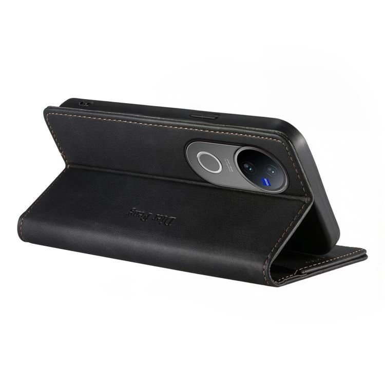 For vivo V50 5G Curved Dierfeng Metal Snap Magnetic RFID Vegan Leather Phone Case