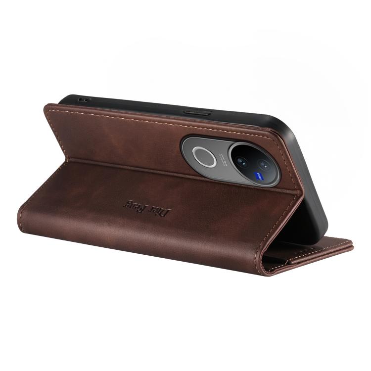 For vivo V50 5G Curved Dierfeng Metal Snap Magnetic RFID Vegan Leather Phone Case