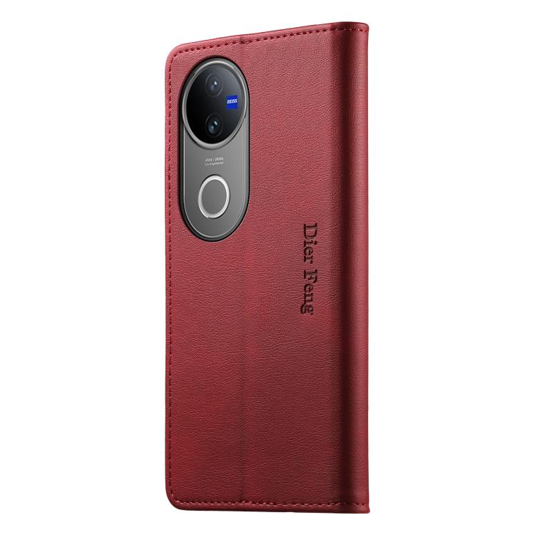 For vivo V50 5G Curved Dierfeng Metal Snap Magnetic RFID Vegan Leather Phone Case