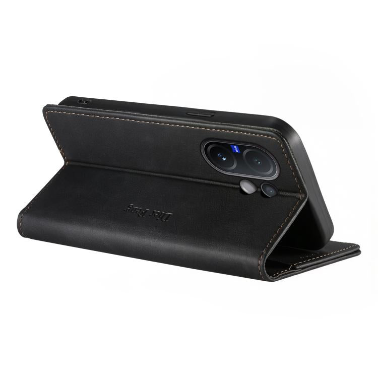 For vivo V60 5G Dierfeng Metal Snap Magnetic RFID Vegan Leather Phone Case