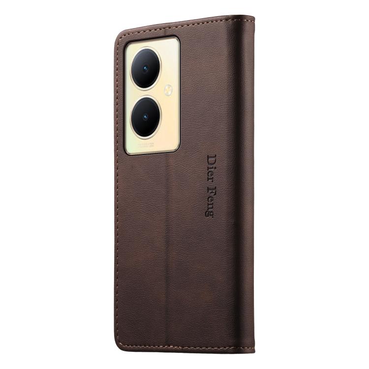 For vivo Y78+ Dierfeng Metal Snap Magnetic RFID Vegan Leather Phone Case