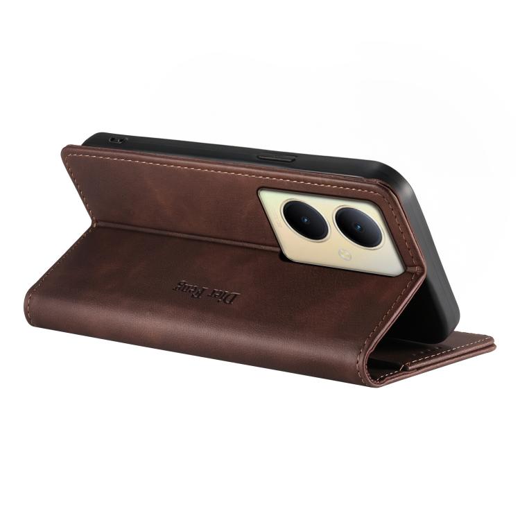 For vivo Y78+ Dierfeng Metal Snap Magnetic RFID Vegan Leather Phone Case