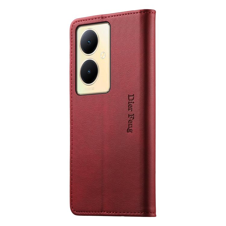 For vivo Y78+ Dierfeng Metal Snap Magnetic RFID Vegan Leather Phone Case
