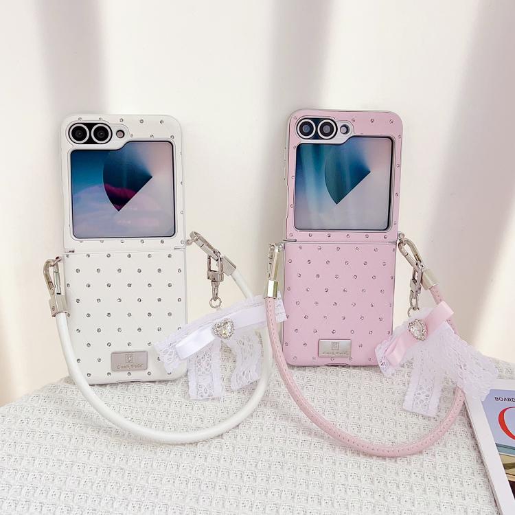 For Samsung Galaxy Z Flip6 5G / Flip7 FE Nameplate Style Diamond Patterned Side Clip Phone Case with DIY Bow Strap