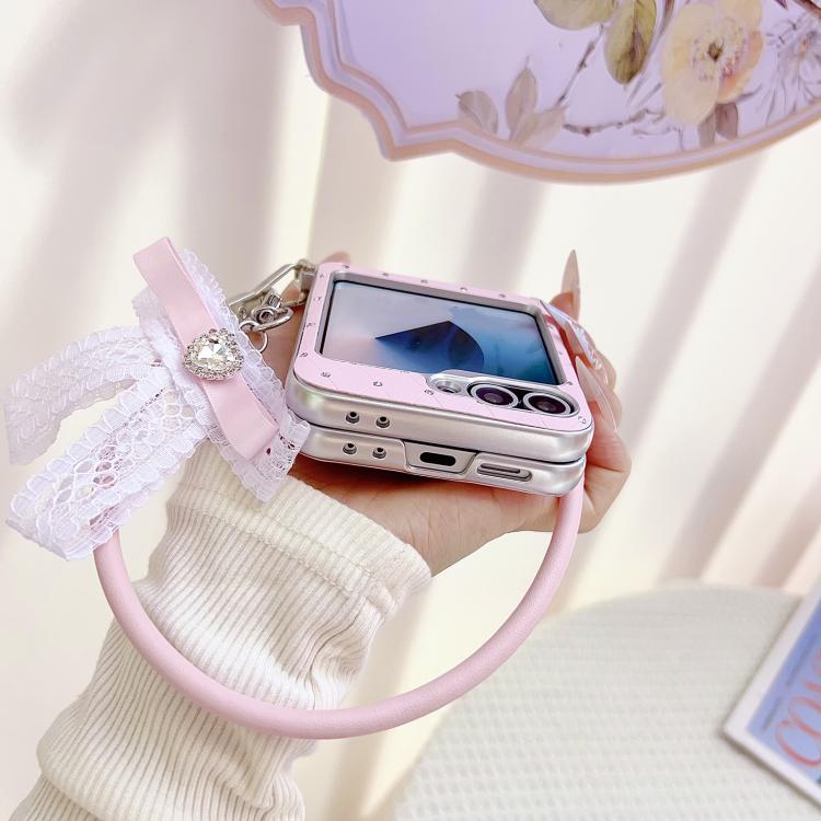 For Samsung Galaxy Z Flip7 5G Nameplate Style Diamond Patterned Side Clip Phone Case with DIY Bow Strap