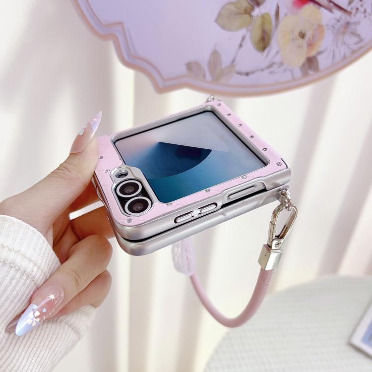 For Samsung Galaxy Z Flip7 5G Nameplate Style Diamond Patterned Side Clip Phone Case with DIY Bow Strap