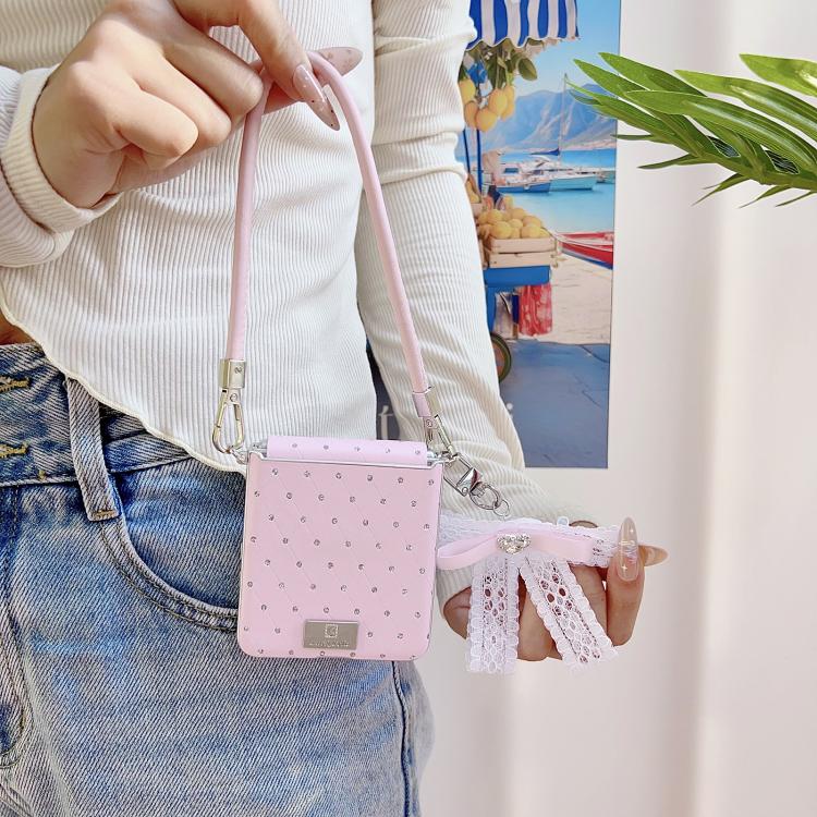 For Samsung Galaxy Z Flip7 5G Nameplate Style Diamond Patterned Side Clip Phone Case with DIY Bow Strap