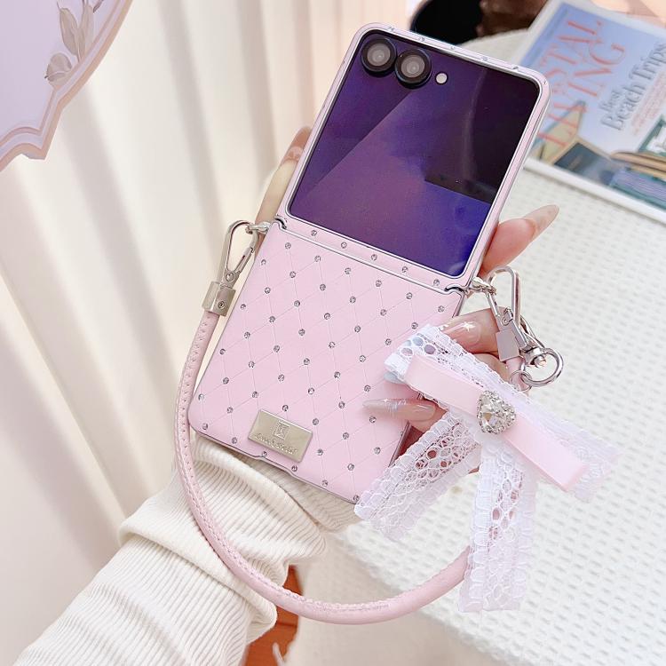 For Samsung Galaxy Z Flip7 5G Nameplate Style Diamond Patterned Side Clip Phone Case with DIY Bow Strap