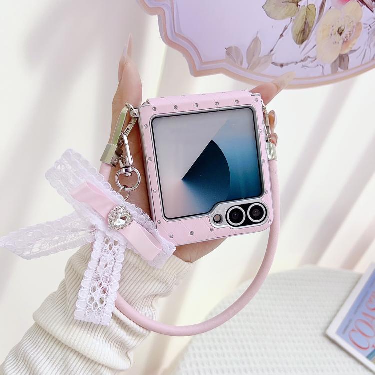 For Samsung Galaxy Z Flip7 5G Nameplate Style Diamond Patterned Side Clip Phone Case with DIY Bow Strap