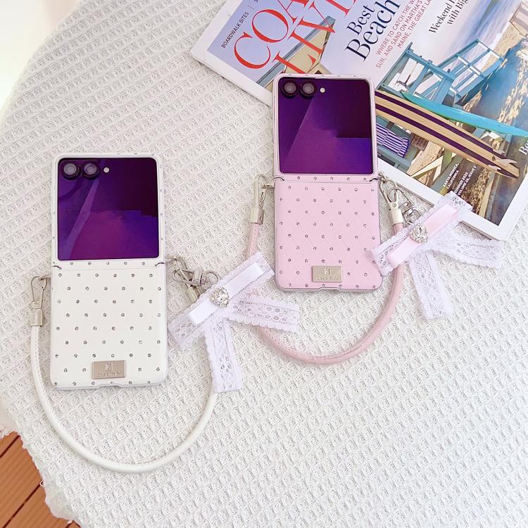 For Samsung Galaxy Z Flip7 5G Nameplate Style Diamond Patterned Side Clip Phone Case with DIY Bow Strap