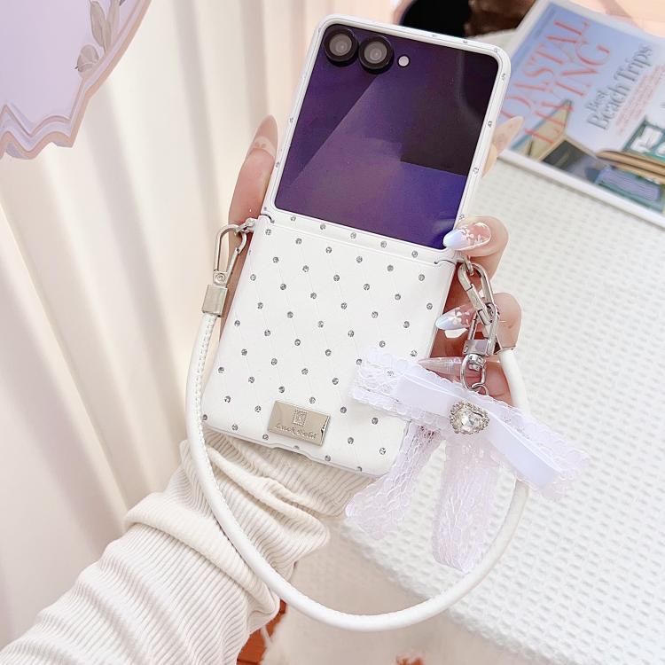 For Samsung Galaxy Z Flip5 5G Nameplate Style Diamond Patterned Side Clip Phone Case with DIY Bow Strap