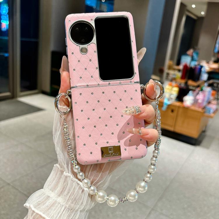 For OPPO Find N3 Flip Nameplate Style Diamond Patterned Side Clip Phone Case with Bracelet