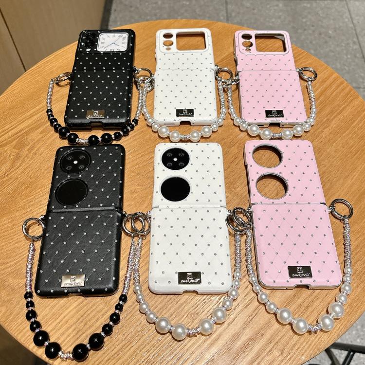 For Huawei Pocket 2 Nameplate Style Diamond Patterned Side Clip Phone Case with Bracelet