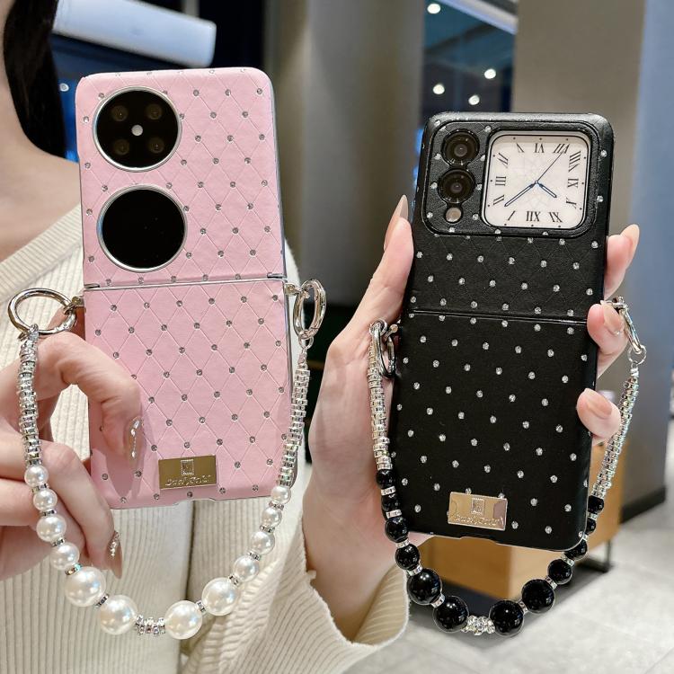 For Huawei Pocket 2 Nameplate Style Diamond Patterned Side Clip Phone Case with Bracelet