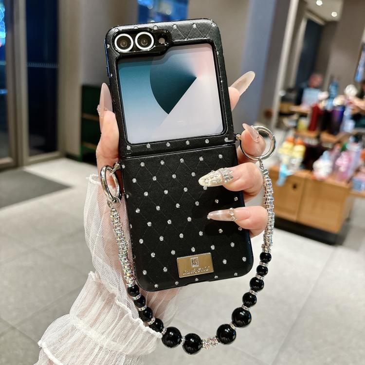 For Samsung Galaxy Z Flip6 5G / Flip7 FE Nameplate Style Diamond Patterned Side Clip Phone Case with Bracelet
